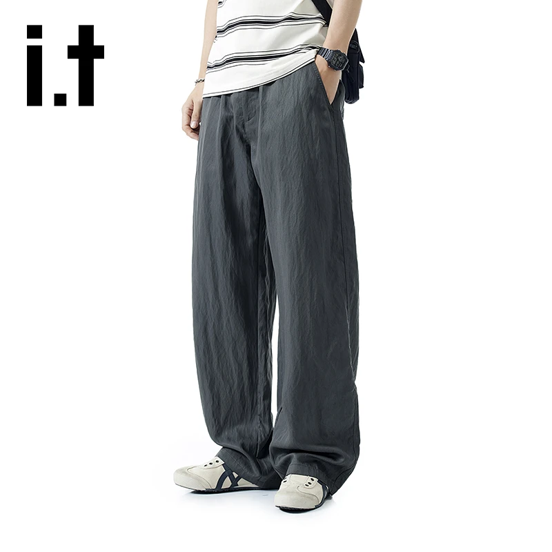 it izzue莱赛尔天丝垂感休闲裤男士夏季薄款潮牌宽松直筒百搭长裤