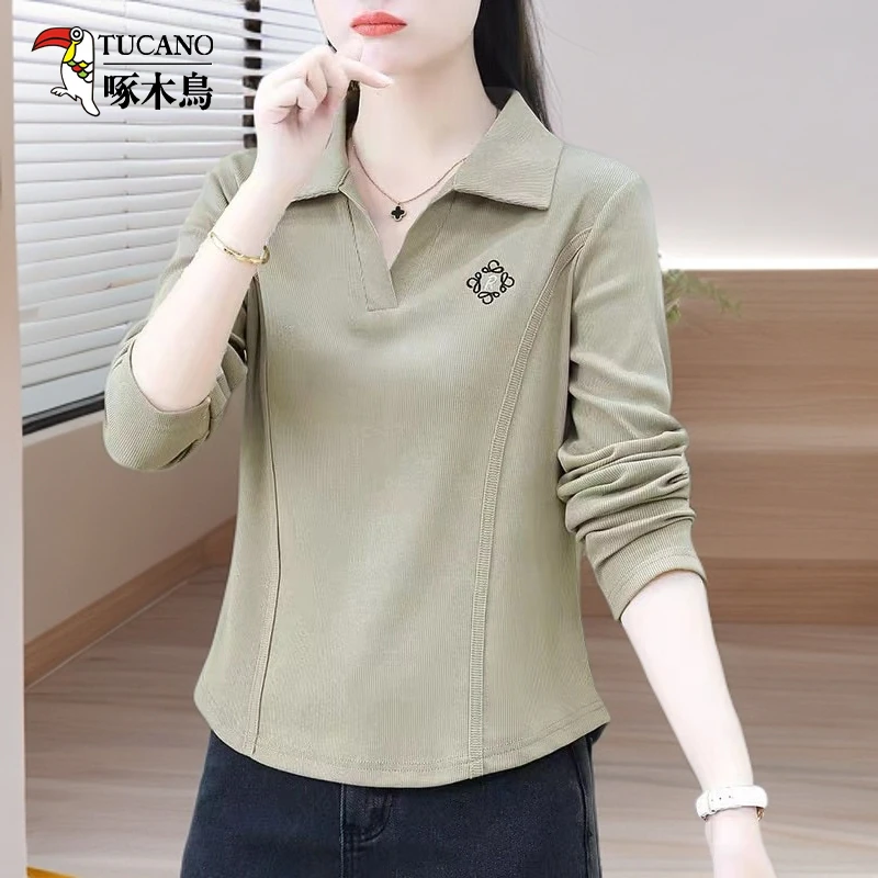啄木鸟秋季新款宽松显瘦长袖T恤韩版纯色百搭翻领上衣女气质减龄
