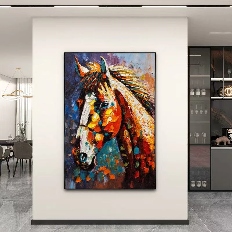 T08现代时尚油画厚油玄关马装饰画立体实物玄关走廊轻奢艺术挂画