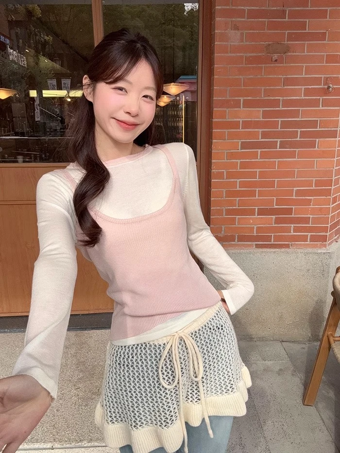 叠穿显瘦吊带背心薄款拼色内搭长袖T恤女装2025春季新款时尚套装