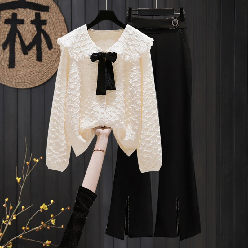 大码女士秋装洋气时髦减龄套装早秋高级感娃娃领衬衫微喇裤两件套