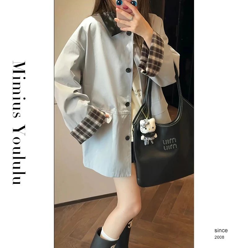 【mimius】七七 撞色学院风格纹拼接翻领风衣G07452