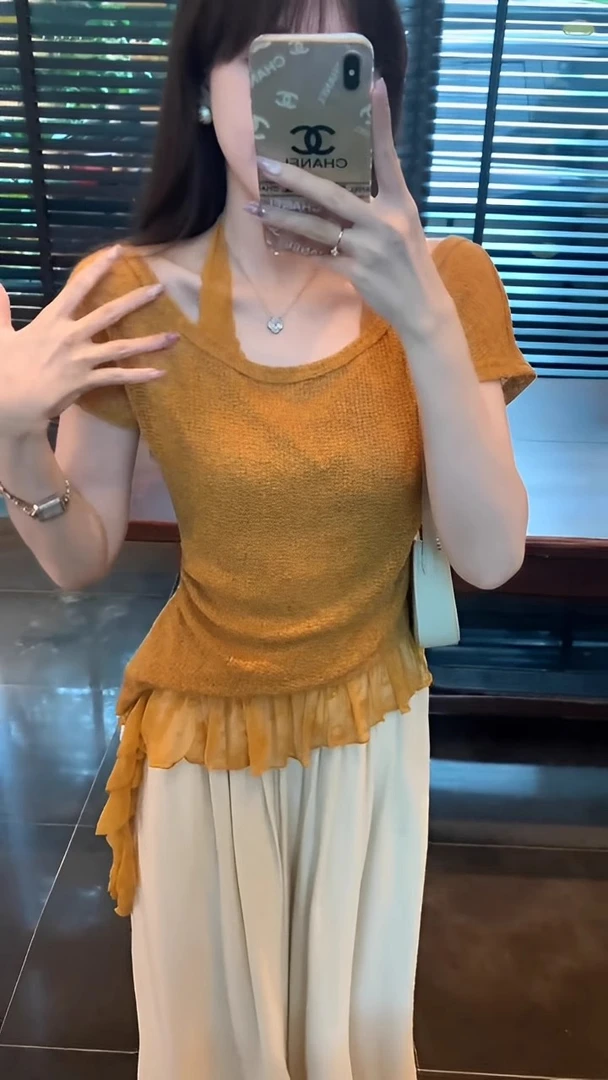 法式别致橘色荷叶边挂脖上衣女2025年夏季新款短袖T恤设计感小众