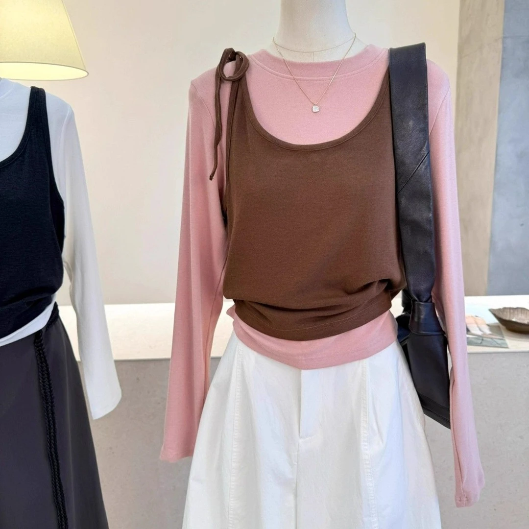 【秋季新款】300斤两件套背心撞色打底衫胖mm上衣长袖t恤女休闲时尚