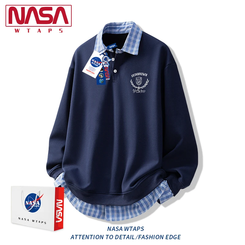 NASA WTAPS美式学院风假两件卫衣男款春秋季条纹拼接POLO衫上衣潮