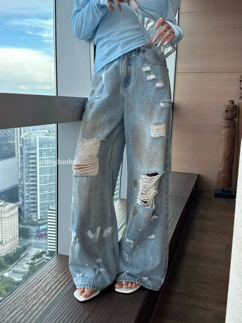 火火定制【渐变涂鸦】夏季新款美式复古工装牛仔高腰直筒宽松阔腿裤