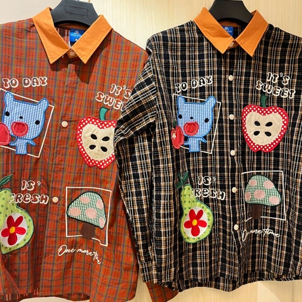 【水果日记格子衬衫-790】R77新款原创刺绣设计百搭衬衫男女同款