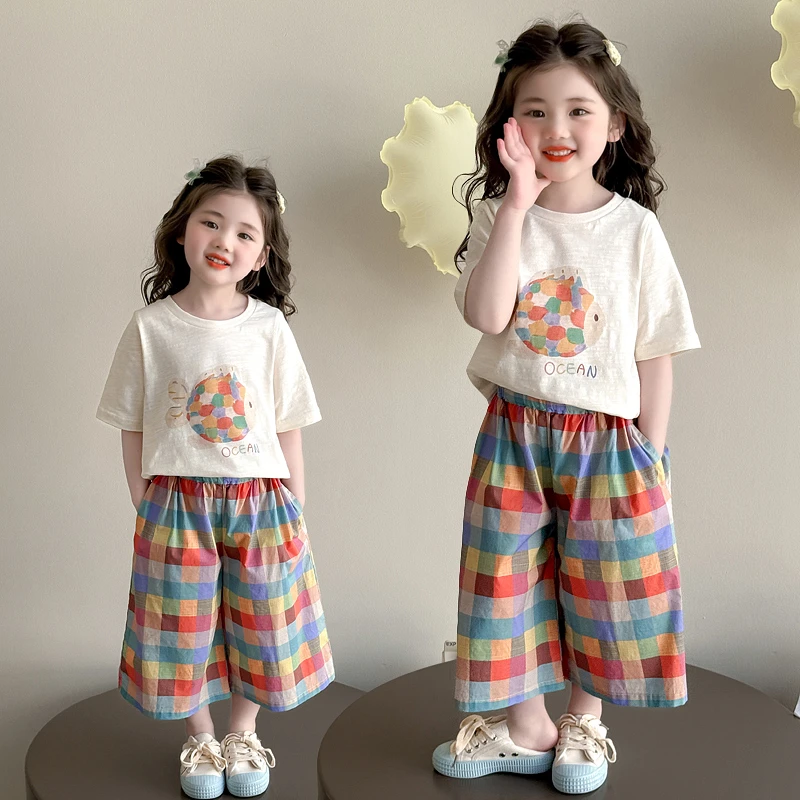 女童套装夏季洋气儿童短袖格子阔腿裤套装小女孩宝宝夏装2025新款