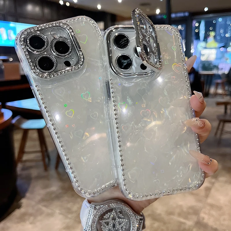 适用苹果系列iPhone新款手机壳边钻炫彩白爱心全包镜头膜钻框支架