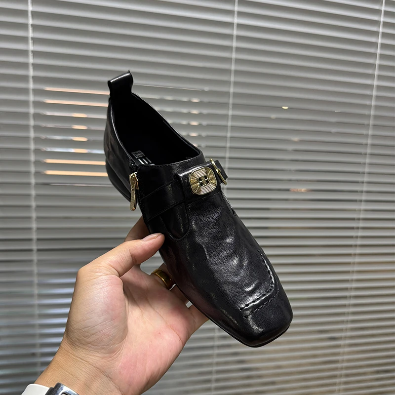 3cm/羊皮/时尚真皮皱感小皮鞋女秋冬新款百搭方头粗跟深口单鞋女