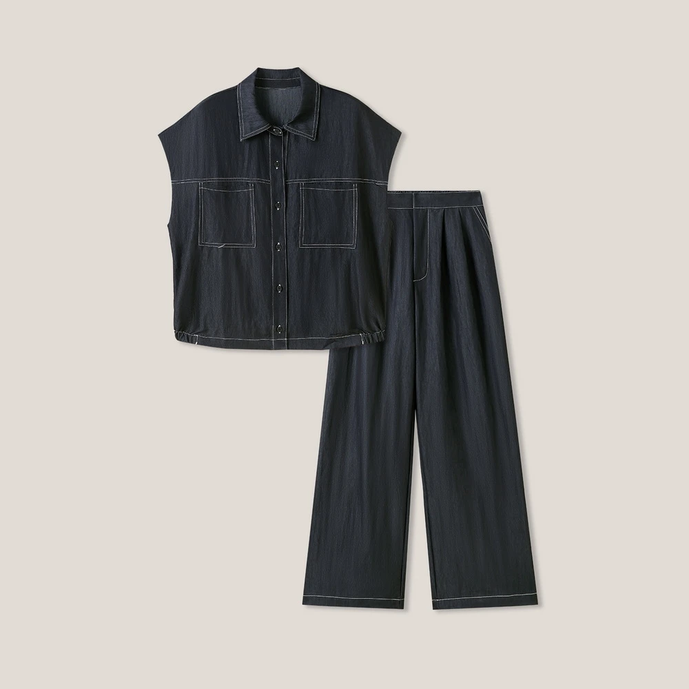 气质牛仔无袖衬衫直筒裤高级感套装SS26282