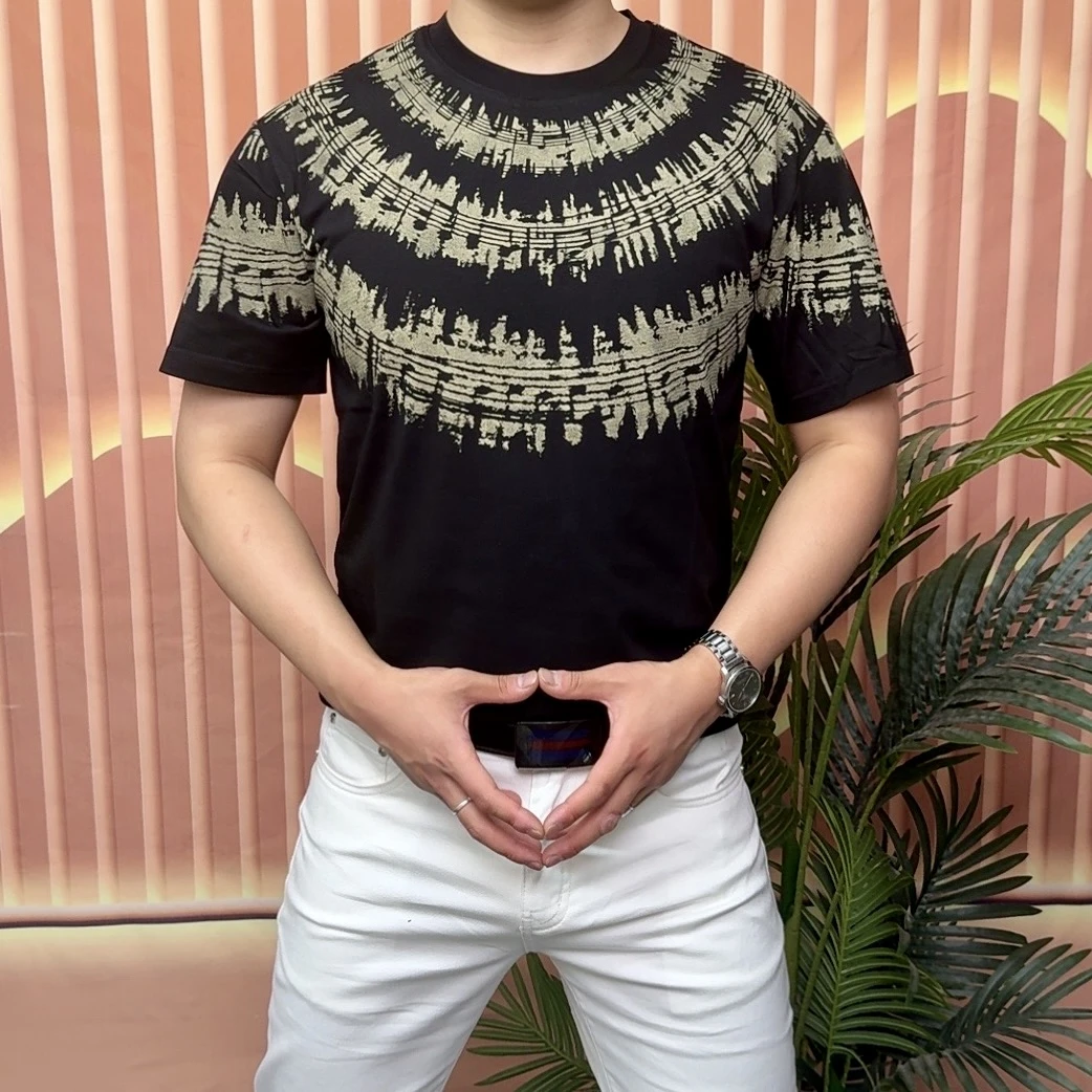 夏季新款液氨棉印花短袖渐变图案宽松男士冰丝显瘦T恤上衣男装