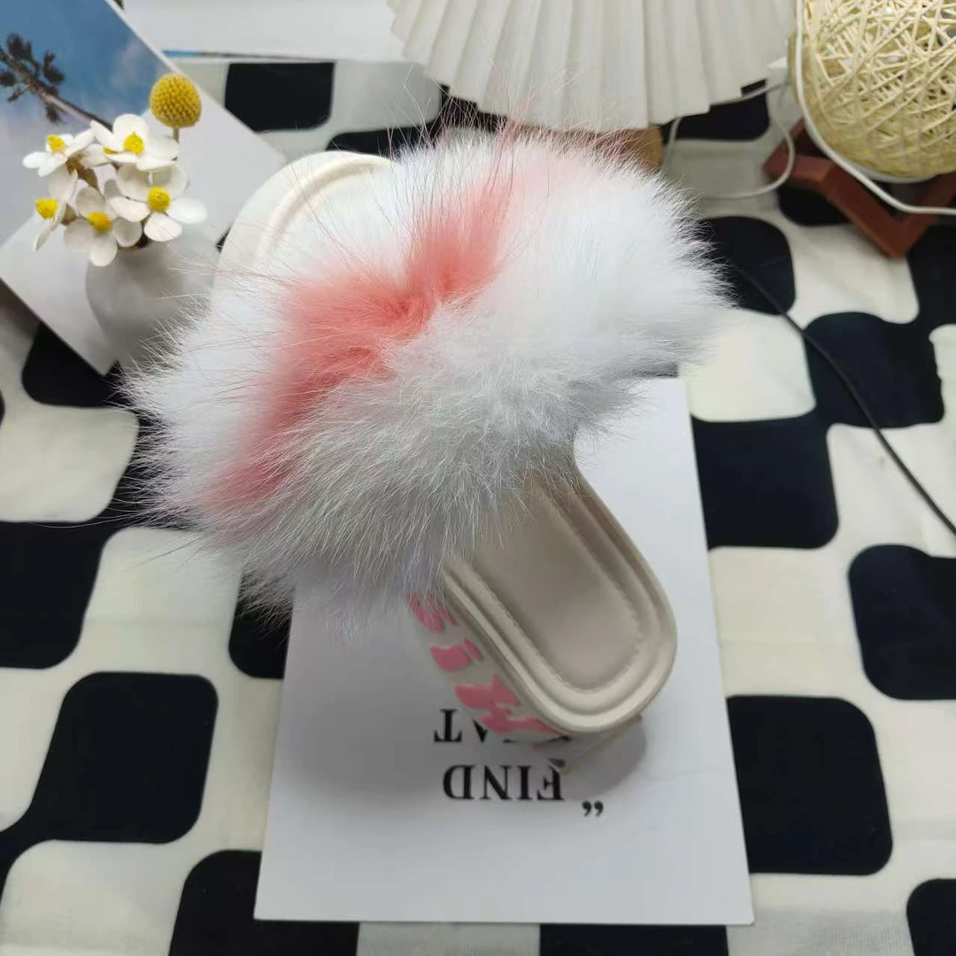 日常女式高跟6公分夏季狐狸毛字母纯色一字拖百搭休闲凉拖鞋米色