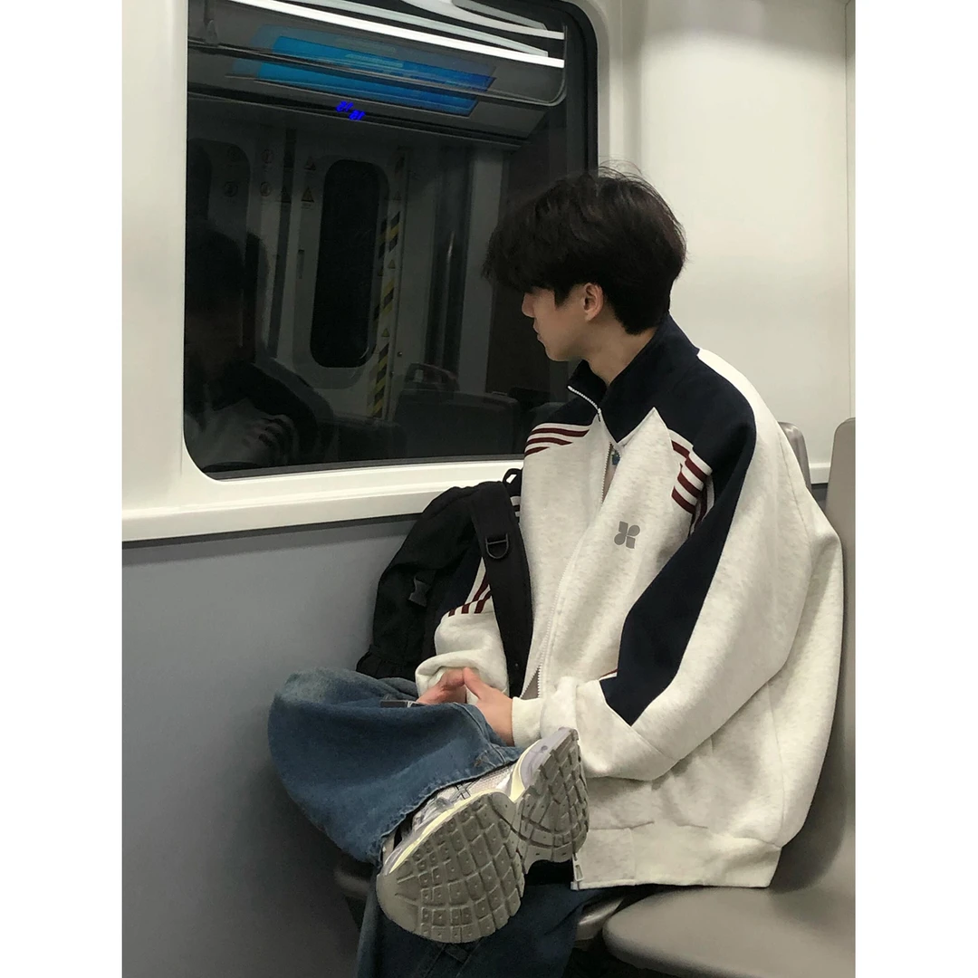 美式简约仿刺绣几何印花撞色三条杠立领开衫外套男女秋冬百搭卫衣