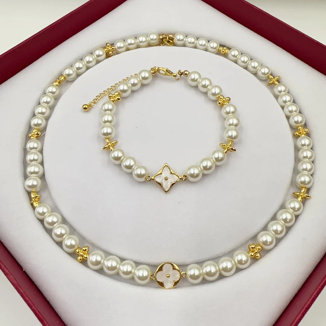 合金仿珍珠吊坠 轻奢高级优雅精致项链手链两件套