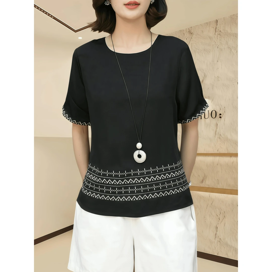 2025夏季新款撞色老钱风圆领短袖上衣女时尚宽松大码小个子妈妈装