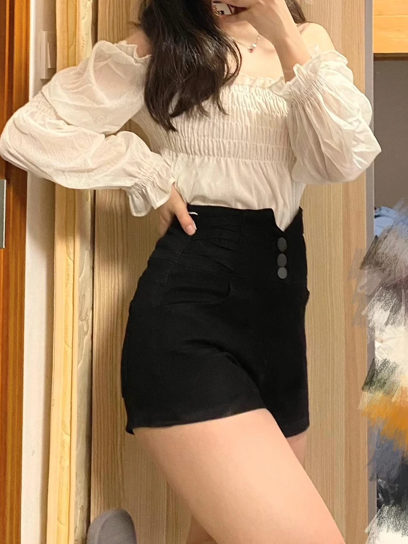 黑色弹力牛仔短裤女夏季大码胖妹妹mm梨形身材高腰弹力a字热裤子