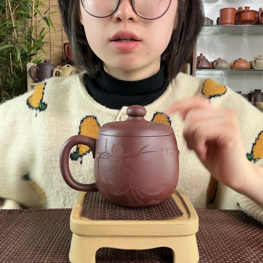 紫砂茶杯圆圆包盖办公杯荷花没礼盒微瑕450CC