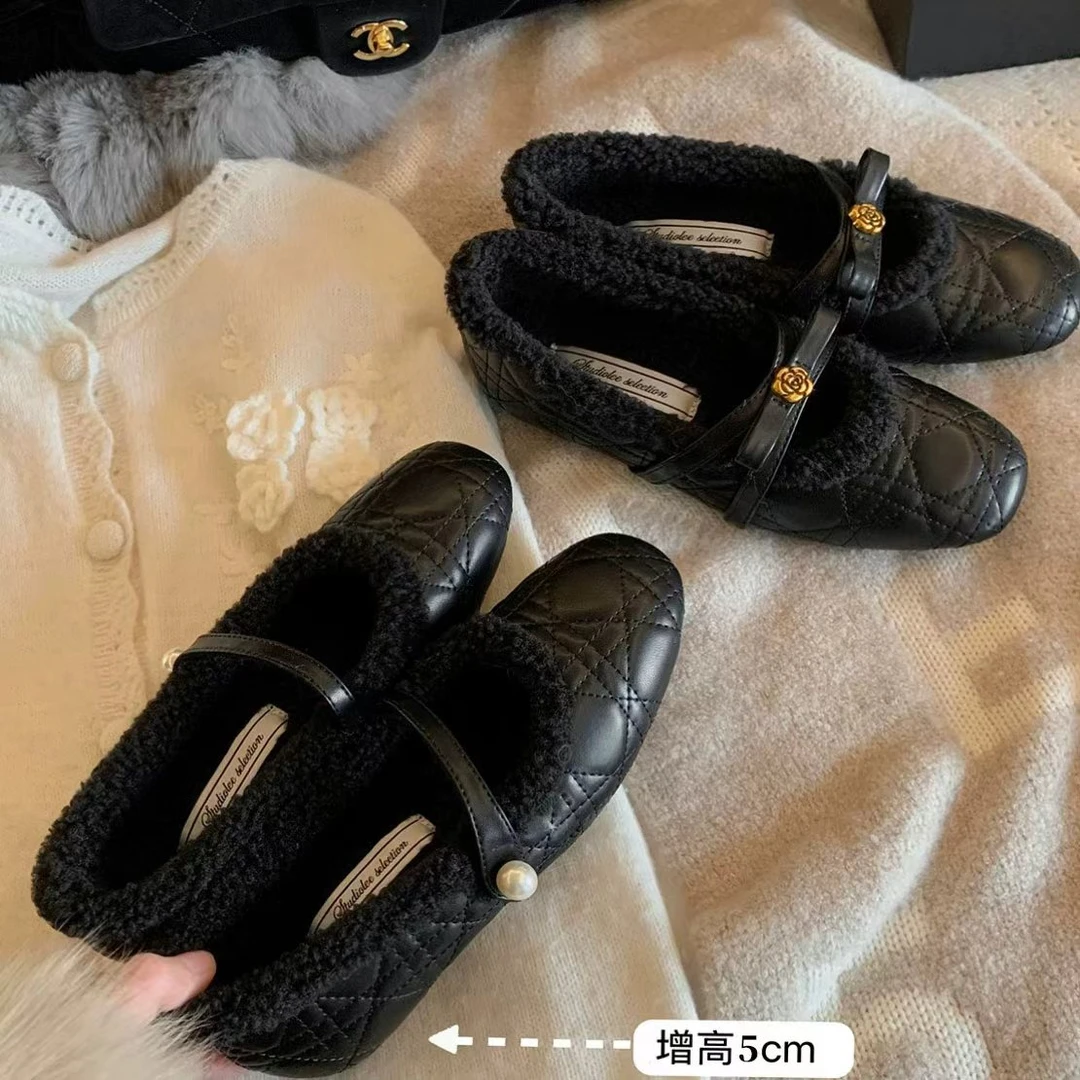 小香风加绒毛毛鞋女2025 秋冬新款增高5CM玛丽珍女鞋菱格山茶花