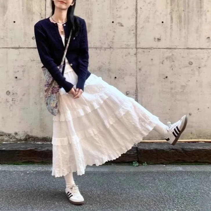 依二一大码春季多巴胺韩系温柔针织开衫吊带白色半身裙5739