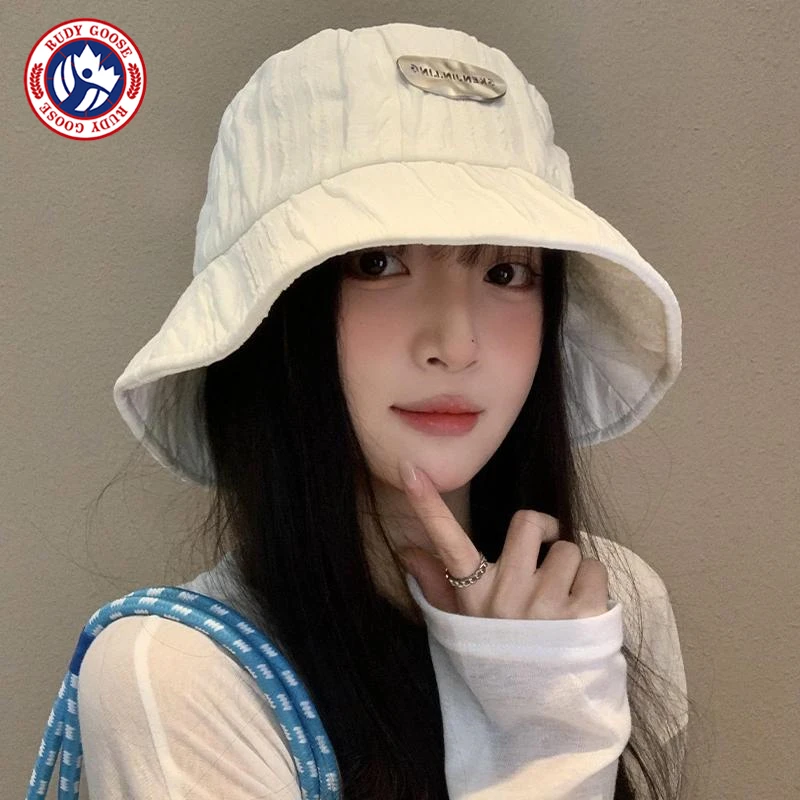 RUDY GOOSE白色褶皱渔夫帽女春夏季透气显脸小水桶帽大头围遮阳帽