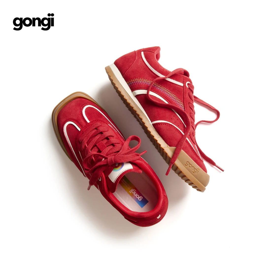 GONGJI红色德训鞋女2025秋季新款内增高方头薄底运动鞋多巴胺鞋子