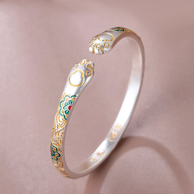 足银手镯 足银9999描金卷草纹珐琅手镯女新中式唐草猫爪纯银镯子