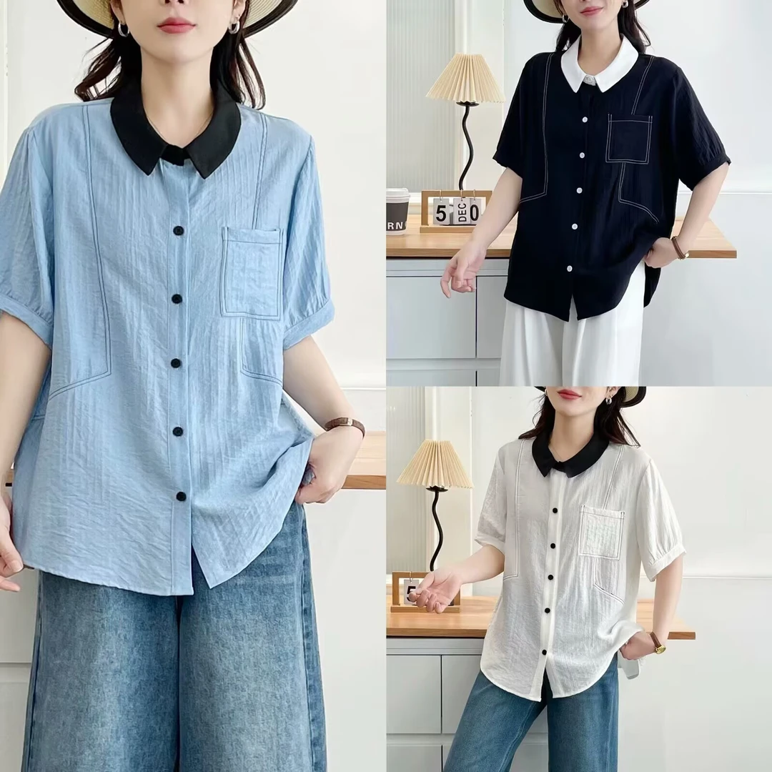 大码短袖衬衫女夏季新款胖MM轻薄透气明线撞色宽松半袖上衣Y2519