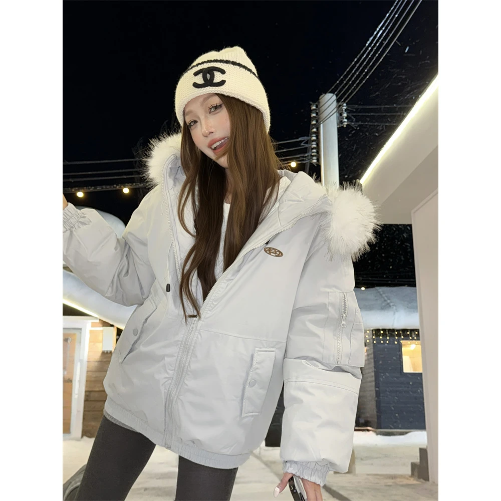 洋气衣服女实价~新款冬季复古美式休闲宽松百搭毛领连帽棉衣棉服