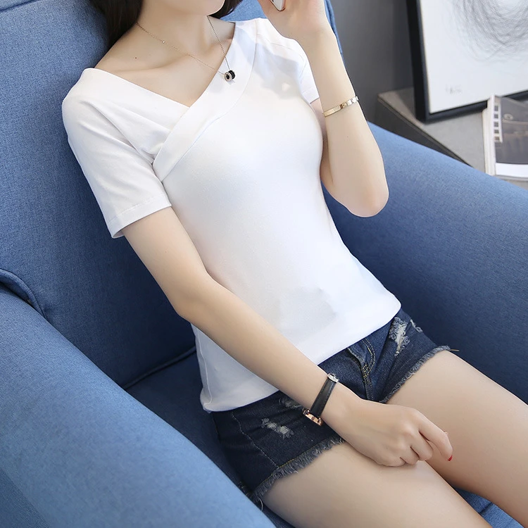 新款女前后V领短袖交叉露肩T恤拼接气质修身显瘦上衣女装潮047