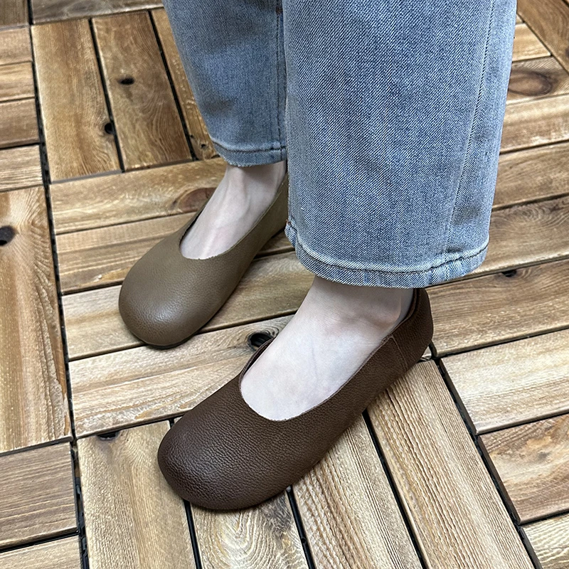 单鞋女复古春夏真皮软底叔舒适浅口文艺休闲平底奶奶圆头豆豆鞋