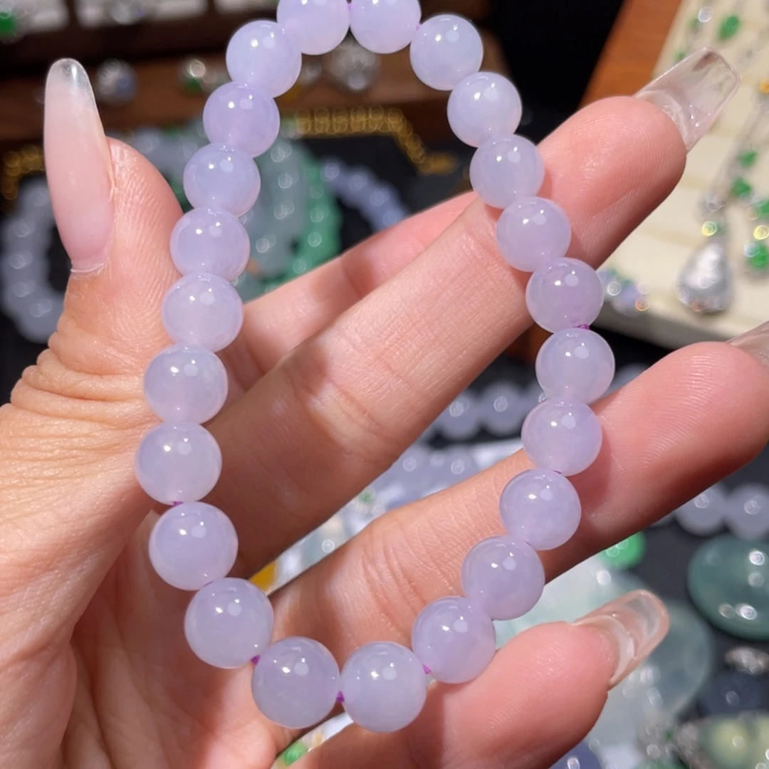 翡翠足银镶嵌手串翡翠冰粉紫