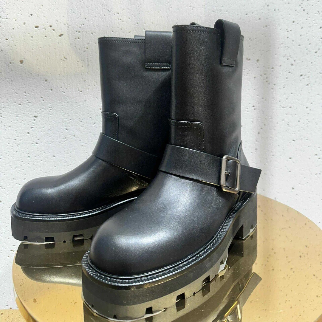 复古中筒靴真皮厚底短靴英伦风百搭烟筒机车靴加绒瘦瘦靴