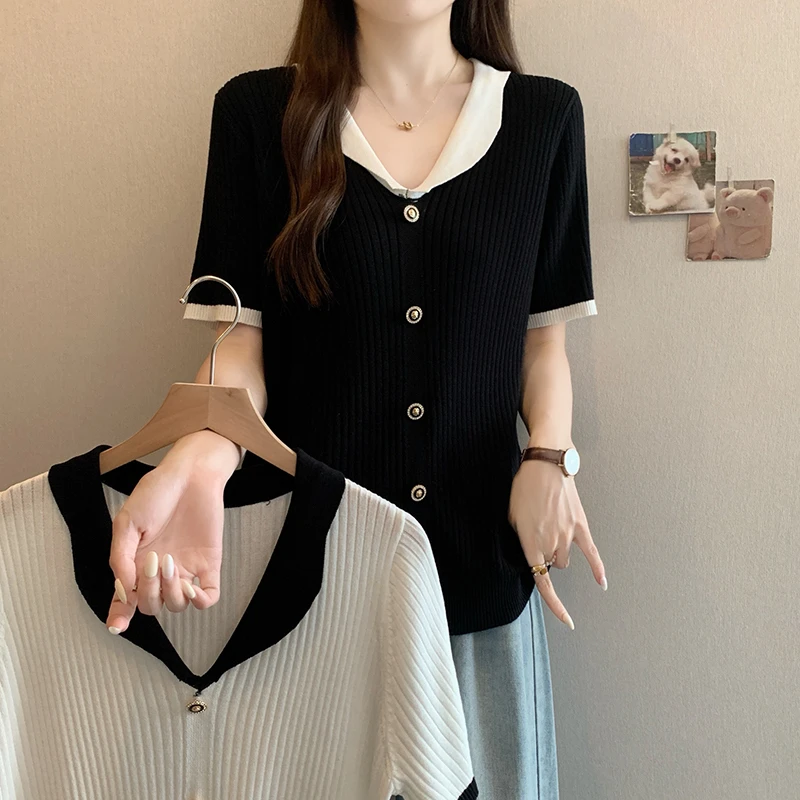 大码女装2025夏装新款设计款针织上衣胖mm撞色冰丝短袖T恤50005