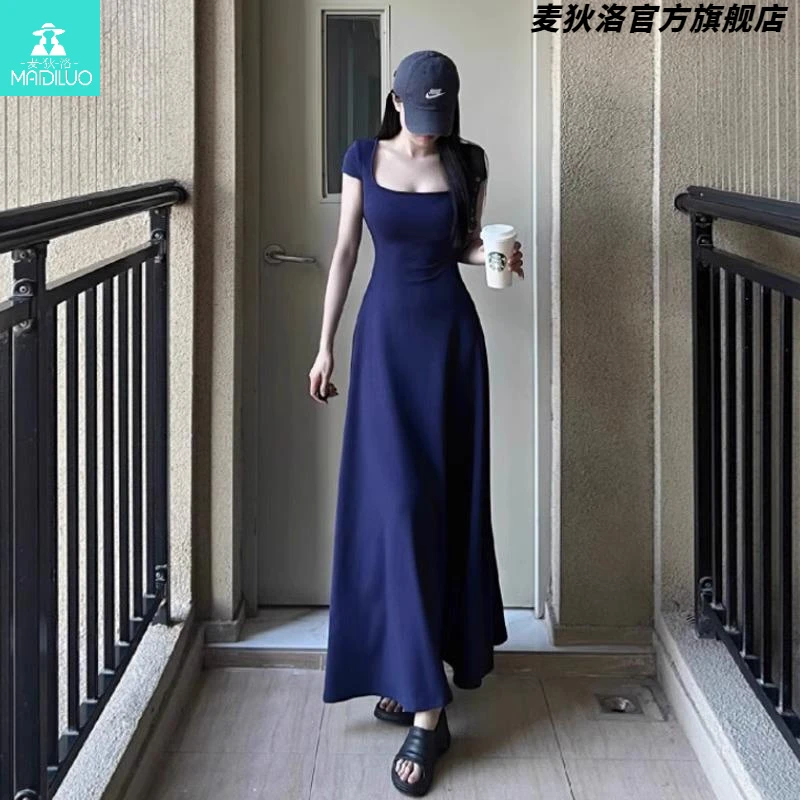 【精品】收腰气质显瘦方领连衣裙夏季2025新款设计感垂坠感法式长裙