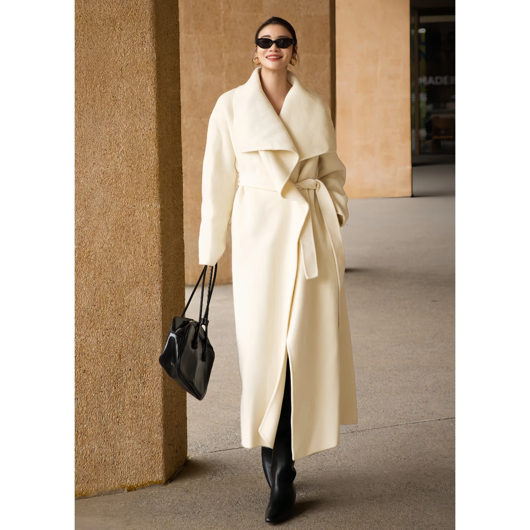 ZEROYK2025秋冬季菱花白长款双面呢大衣女高级感宽松系带毛呢外套