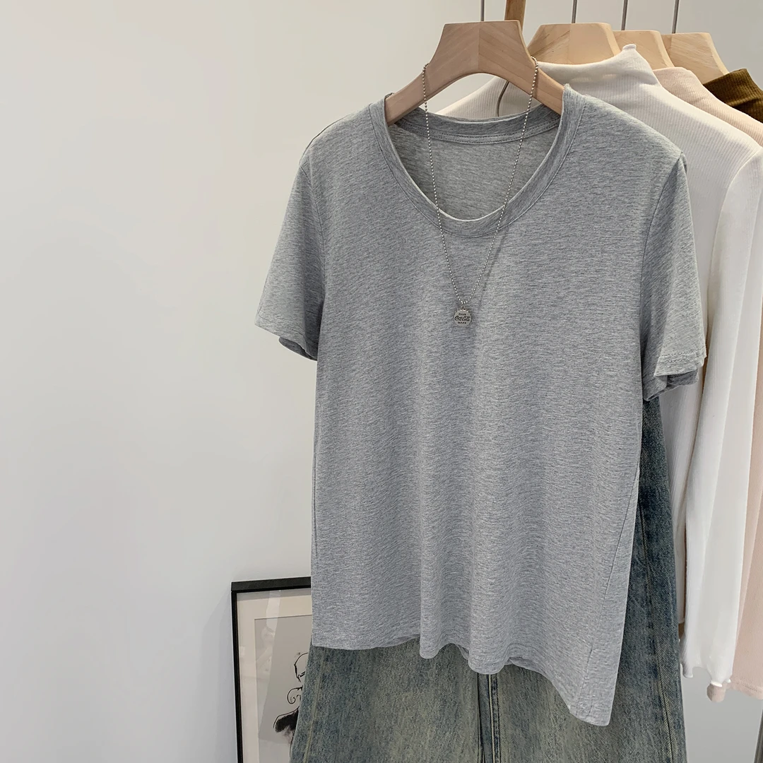 【部分现】爆款U领正肩短袖T恤女2025夏新款时尚流行休闲上衣250457