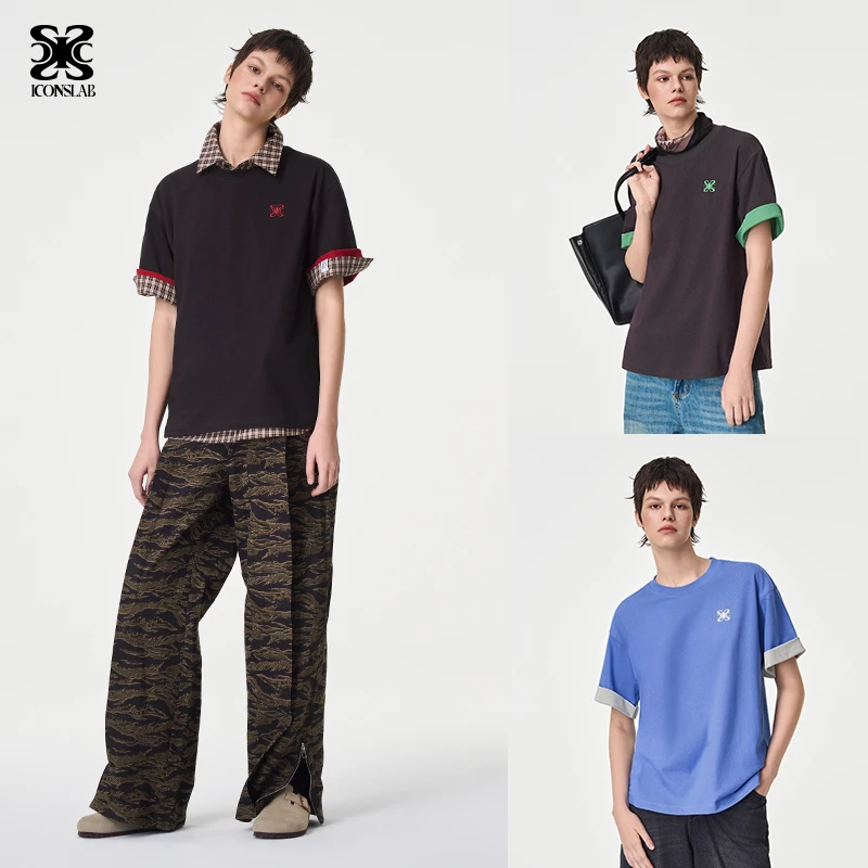 ics丨iconslab翻边袖口短袖T恤撞色绣花拼接设计潮流百搭圆领上衣