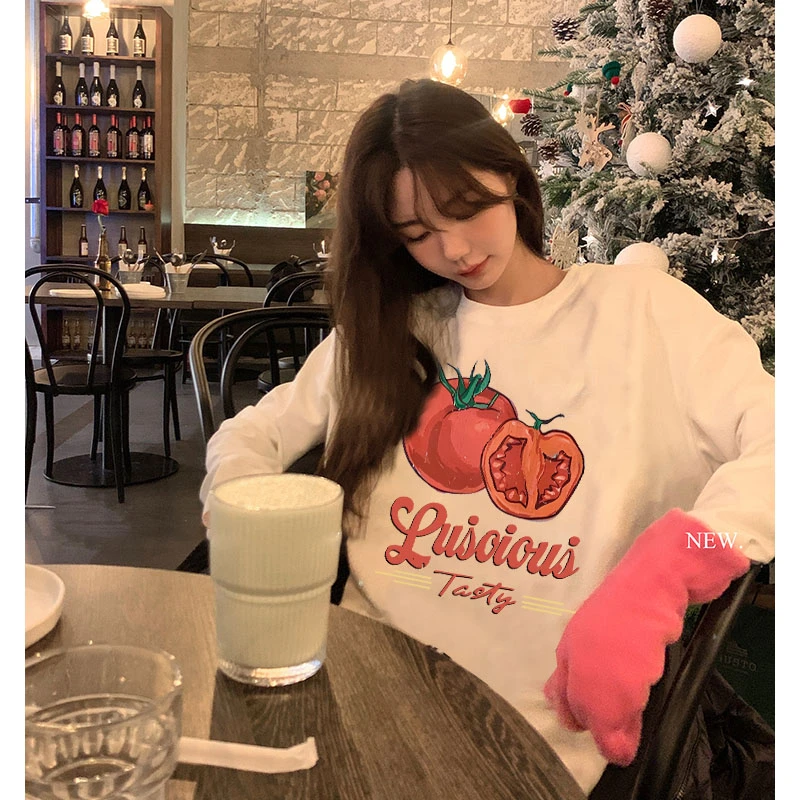 港风ins番茄t纯棉打底衫潮牌百搭t恤秋冬洋气女装纯棉长袖情侣装