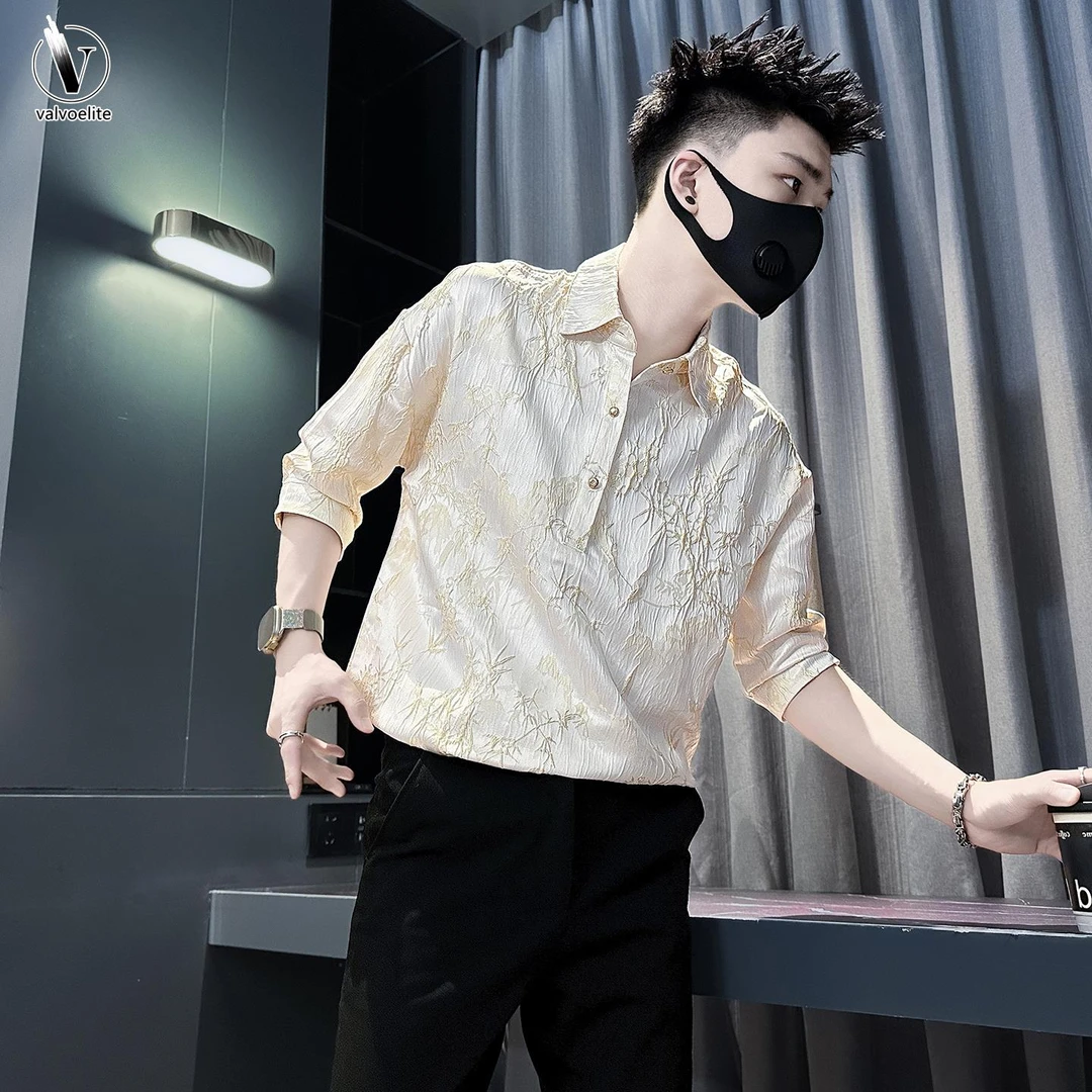 VALVOELITE痞帅七分袖衬衫男款套头超火休闲短袖衬衣新款高级提花