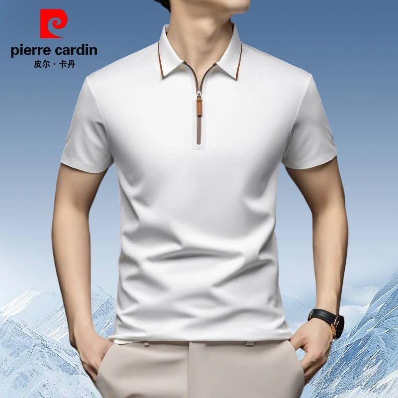 皮尔卡丹夏季翻领拉链POLO衫冰丝半袖男装商务百搭纯色短袖T恤男