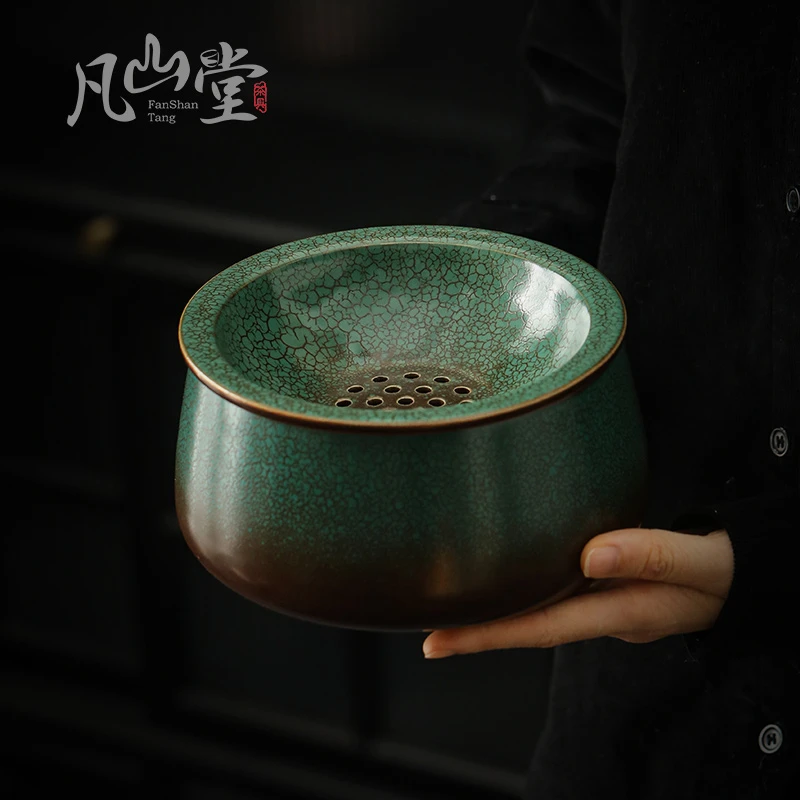 凡山堂松石绿建水带盖大号茶洗高颜值陶瓷茶杯洗茶道茶渣缸零配