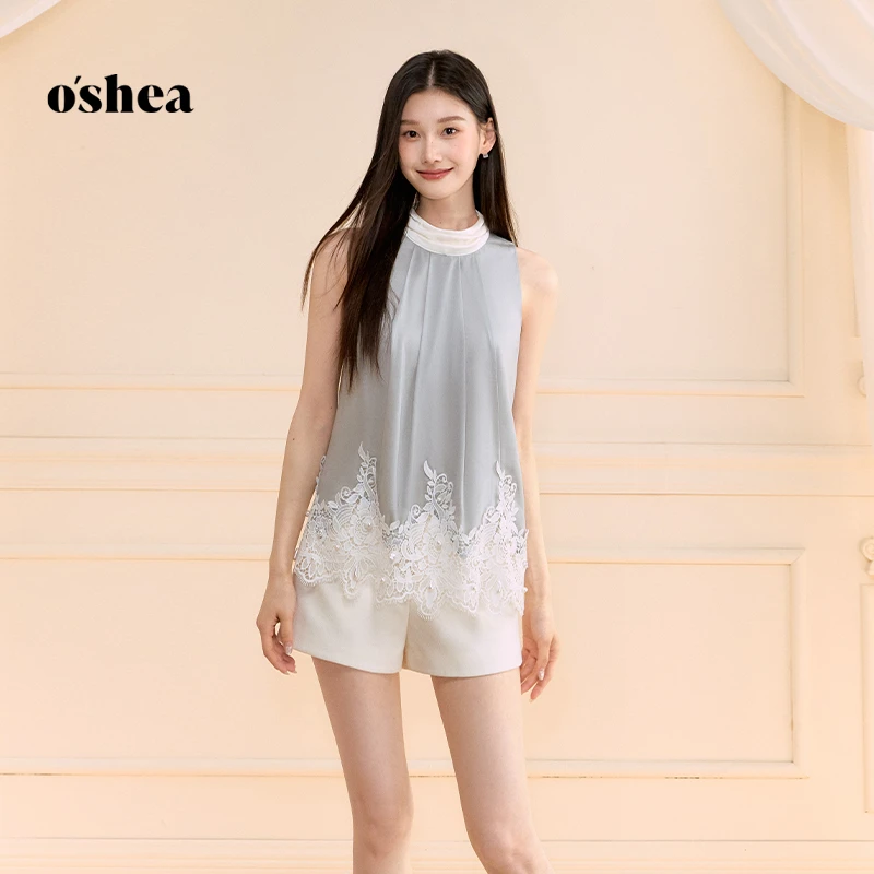 oshea 雾霾蓝法式衬衫女2025新款夏蕾丝拼接撞色设计无袖背心上衣