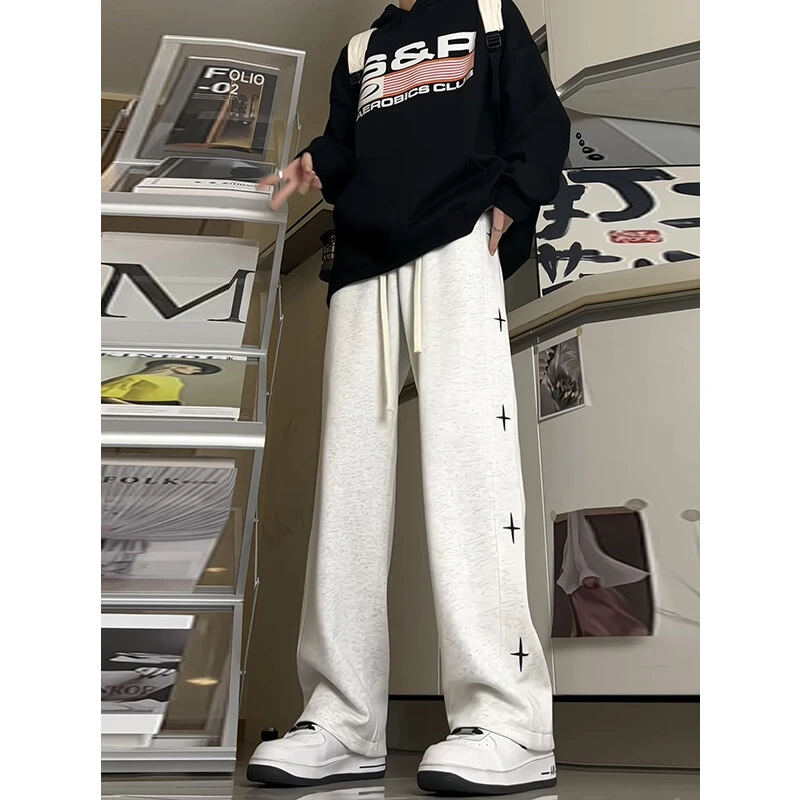 美式hiphop星星裤子男春秋潮流百搭重磅卫裤直筒垂感阔腿运动长裤