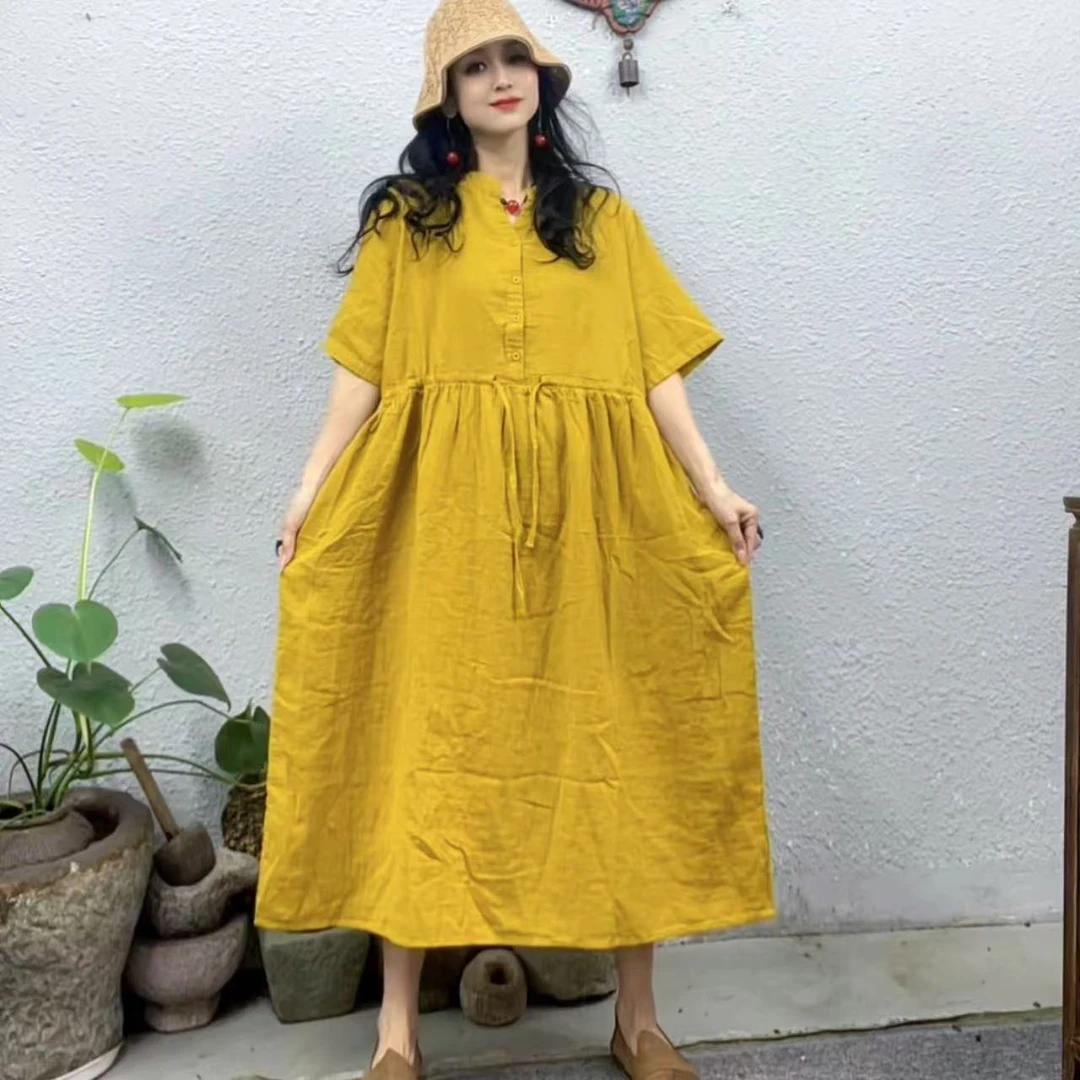 5136双层纱V领套头可收腰中袖连衣裙（长113胸围122