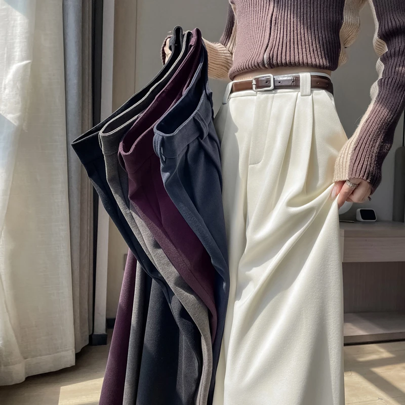 杏色加绒毛呢阔腿裤女秋冬2025新款高腰垂感加厚窄版小个子西装裤