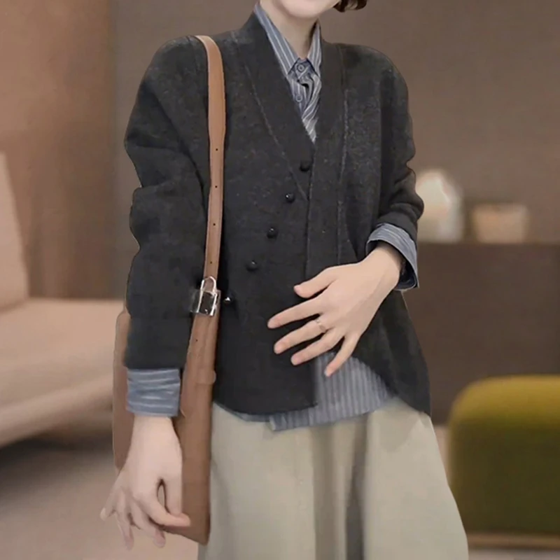 韩系纯色V领长袖开衫外套女早秋新款慵懒松驰宽松显瘦休闲上衣