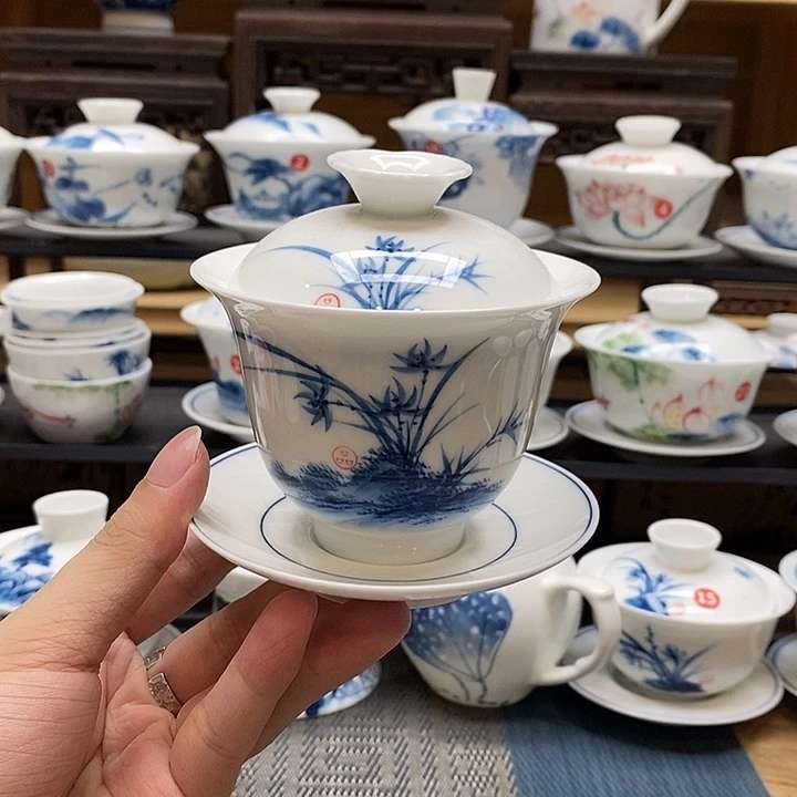 手绘兰花盖碗 160釉下彩微瑕福利