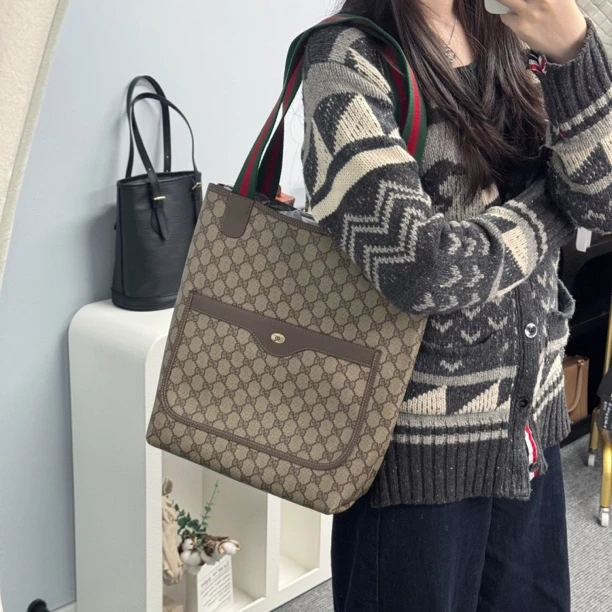95新 GUCCI/古驰 K293棕色老花竖版托特包大号经典中古单肩奢侈
