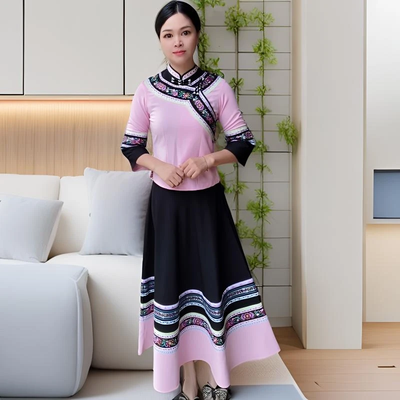 少数民族风布依族壮族刺绣大摆裙日常舞蹈演出女装